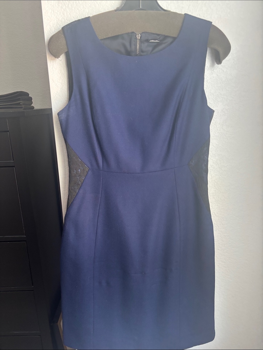 Elie Tahari Navy Sheath Dress with Lace Side Panels